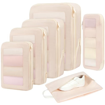 BAGAIL 4 Set/6 Set/8 Set Compression Packing Cubes Travel Accessories Expandable Packing Organizers (Square Mesh, 05-Cream) - color: 05-Cream, style: Square Mesh