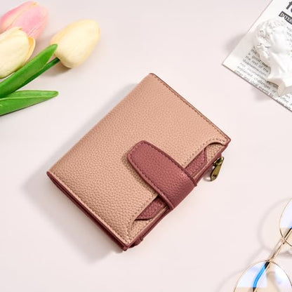 Airkit Small Wallet Women RFID Blocking Vegan Leather Bifold Compact Card Holder Wallet for Women with Zipper Coin Pocket 4 ID Window - color: Colorblock - Blush Pink/Red