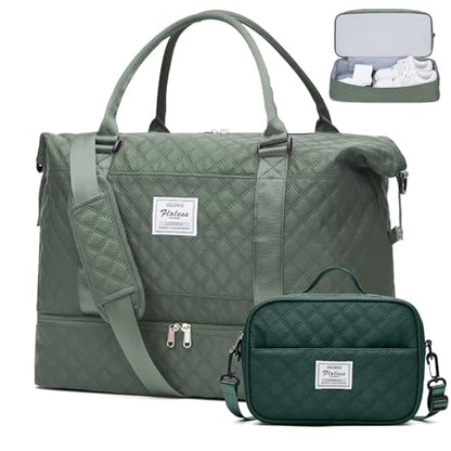 Weekender Bags for Women, Travel Duffel Bag with Shoes Compartment - color: Grid-OliveGreen, size: Large