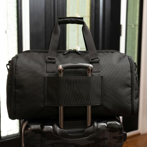 Suit Saver Convertible Hanging Garment Duffle Bag, Custom Embroidery, Blue, Black and Grey, Ballistic Nylon, with Adjustable Shoulder Strap and Separate Shoe Compartment (Black) - color: Black