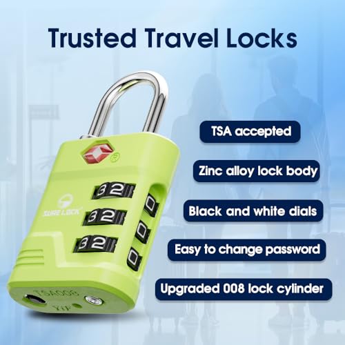 SURE LOCK TSA Approved Luggage Lock – 3-Digit Resettable Combination Padlock with Open Alert Red Dot, Large Easy-Read Dials for Suitcases, Backpacks, Gym & School Lockers - color: Green