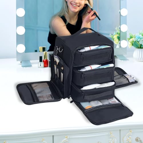 Large Makeup Bag Organizer with 3 Inner Removable Pouches,Black - color: Black