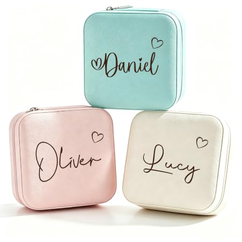 Ships Next Day, Custom Travel Jewelry Box with Name & Heart, Bridesmaid Proposal Gifts Personalized Small Travel Jewelry Case Organizer, Customized Gifts for Women, Teen Girls - style: Name with Heart