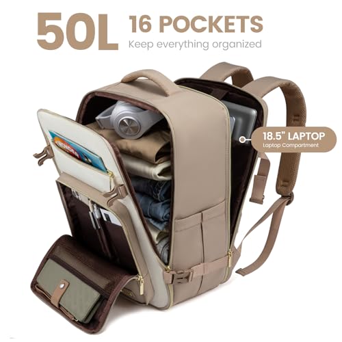 LOVEVOOK Travel Backpack For Women,50L Carry On TSA Personal Item Bag - color: Off-white and Khaki, size: 18 Inch-50L-4Pcs