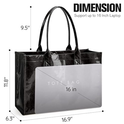 KALIDI PVC Tote Bag Women’s Kraft Paper Work Handbags Purses with Top Handle - color: Black