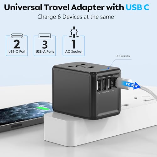 JMFONE 35W PD Universal Travel Adapter, Fast Charging International Adapter - color: 3USBA+2USBC- Deep Black