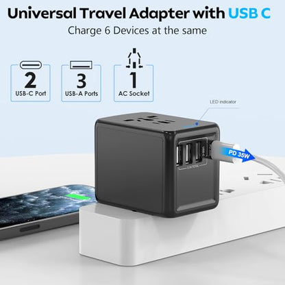JMFONE 35W PD Universal Travel Adapter, Fast Charging International Adapter - color: 3USBA+2USBC- Deep Black