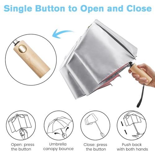 G4Free Windproof Travel Umbrella with Large Wooden Handle 46" Canopy - color: Silver/Pink