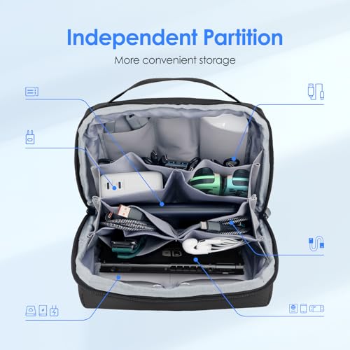 LENTION Premium Waterproof Electronics Organizer Travel Bag with Handle | Large Multi-Compartment Carry Case Fits Tablet, Chargers, Cables, Airpods & Hard Drives to Organize Small Tech Accessories - color: Black