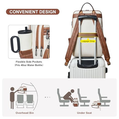 Shrrie 17 Inch Faux Leather Laptop Backpack for Women with Large Cup Holder - color: Beige With Brown