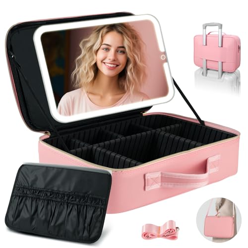 15''X11'' Large Makeup Bag with Removable Lighted Mirror, PU Leather - color: Pink-Removable Mirror