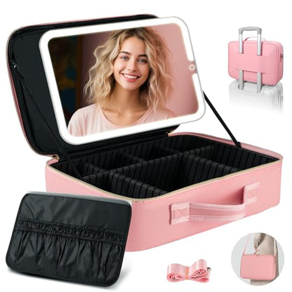 15''X11'' Large Makeup Bag with Removable Lighted Mirror, PU Leather - color: Pink-Removable Mirror