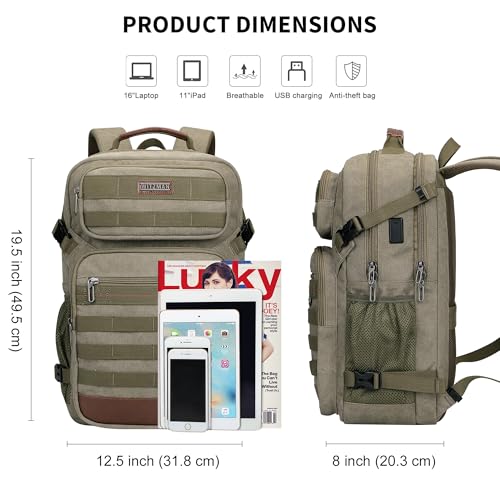 WITZMAN Canvas Travel Backpack for Men Multiple Pockets - color: Army Green