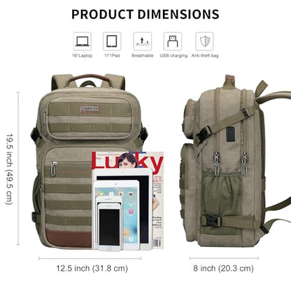 WITZMAN Canvas Travel Backpack for Men Multiple Pockets - color: Army Green