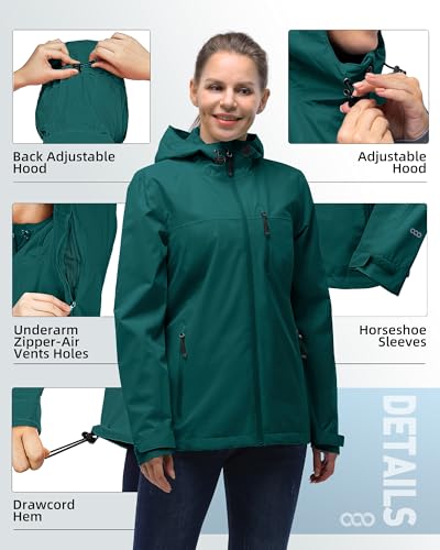 33,000ft Packable Rain Jacket for Women Waterproof Raincoats with Hood - color: Dark Cyan, size: X-Small