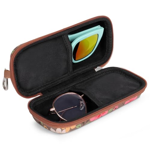 Double Eyeglasses Case for Dual Sunglasses, Hard Shell with Zipper - color: Brown Flower