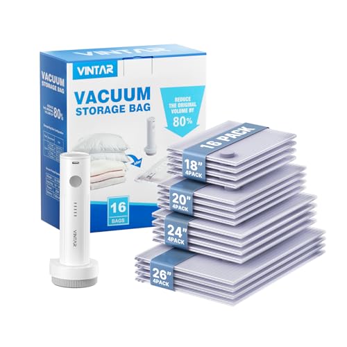 VINTAR 16 Pack Vacuum Seal Bags for Clothing Travel with Wireless Pump - size: 16 Combo+Cordless Pump