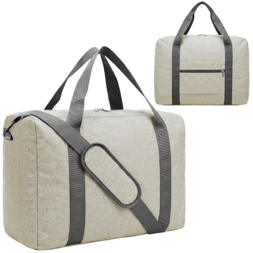 30L Foldable Underseat Travel Duffel Bag: Lightweight Carry On Luggage for Women & Men, Waterproof Overnight Bag, Gym Sport Holdall, Hospital Tote with Trolley Sleeve (17.3"x13.8"x7.9") - color: Beige