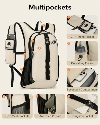 Folding Hiking Backpack with Phone Pocket for Men Women, Small Ultralight Packable Casual Daypack with Shoulder Chest Straps for Travel, 15L Foldable Lightweight Day Pack, Beige - color: Beige