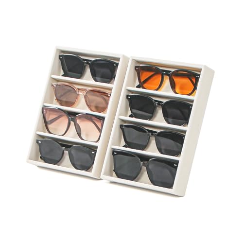 Byken 2 Pcs Sunglasses Organizer,4 Grid Eyeglass Jewelry Storage Tray for Drawer,Beige White