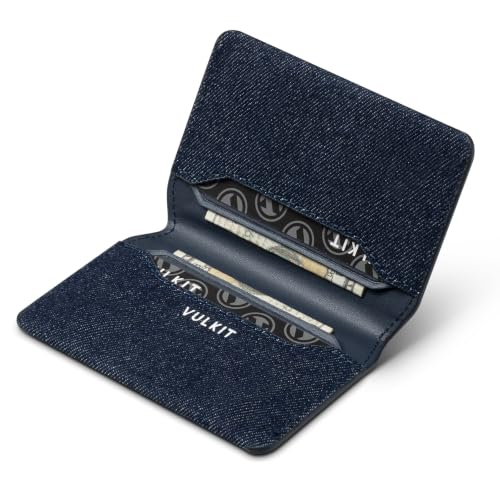 VULKIT Slim Minimalist Card Holder RFID Blocking Leather Credit Card Holder Front Pocket Wallet Magnetic Closure, Denim Blue - color: Denim Blue
