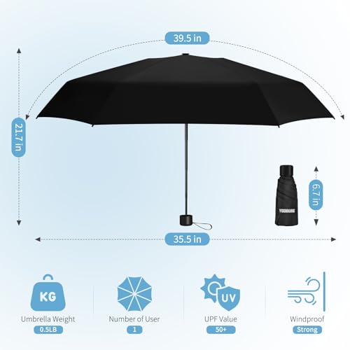 Yoobure Mini Travel Umbrella with Case, Compact Folding Umbrella - color: Black
