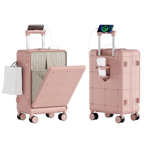 Santino Carry On Luggage 22x14x9 Airline Approved 20 Inch baggage pc Hard Shell Suitcase with Spinner Wheels TSA Lock with USB Port and Cup Holder and phone holder Top Opening Suitcase - color: pink