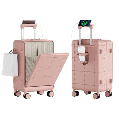 Santino Carry On Luggage 22x14x9 Airline Approved 20 Inch baggage pc Hard Shell Suitcase with Spinner Wheels TSA Lock with USB Port and Cup Holder and phone holder Top Opening Suitcase - color: pink