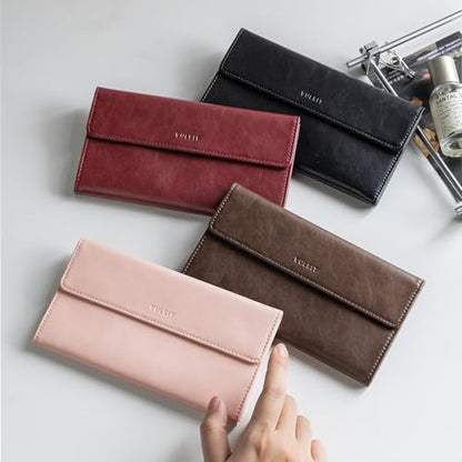 VULKIT Cash Envelope Wallet for Women, Money Wallet Organizer for Cash, 3 Bill & Receipt Compartments, 3 Card & Coin Holders, Dark Brown - color: Dark Brown