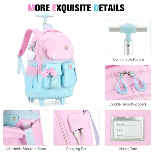 ACESAK Rolling Bow Backpack for Girls with Lunch Bag & Pencil Pouch - color: Pink Blue