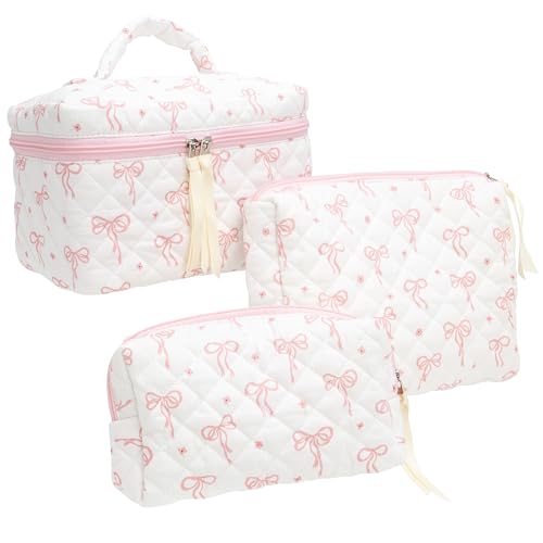 3 Piece Quilted Makeup Bag Set for Women,Cosmetic&Toiletry Bag,Bow Pink | Cute Zipper Makeup Organizer for Cosmetics, Toiletries,Skincare, Makeup Brushes, Beauty Essentials, Travel Accessories&Gifts - color: Bow Pink