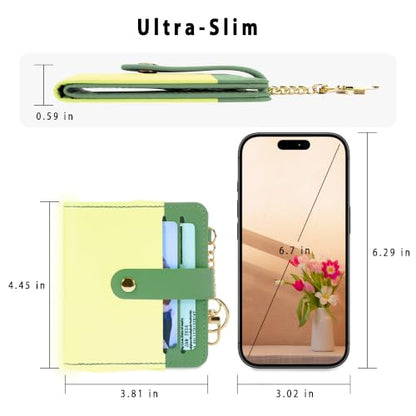 Airkit Small Wallet Women RFID, PU Leather Card Holder with Keychain - color: Light Yellow & Matcha Green