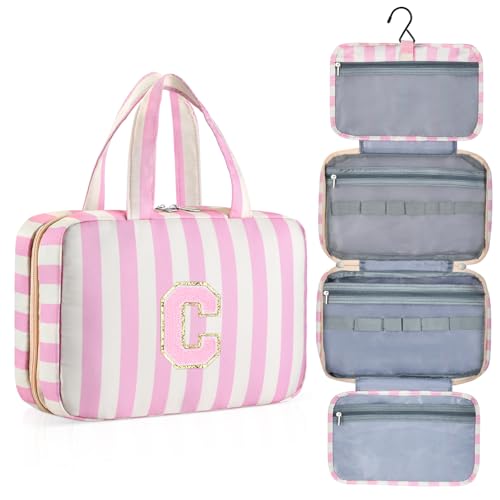 Personalized Travel Hanging Toiletry Bag & Makeup Bag Striped Pink C - color: Striped Pink, size: C