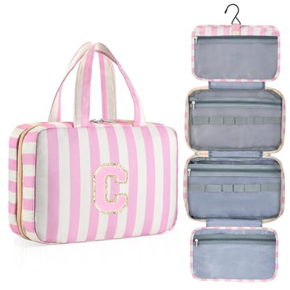 Personalized Travel Hanging Toiletry Bag & Makeup Bag Striped Pink C - color: Striped Pink, size: C