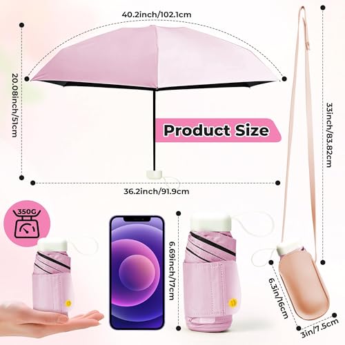 Mini Travel Folding Umbrella - Small Compact Sun Retractable Umbrella with Case, Lightweight Portable UPF 50+ Rain UV Protection Windproof Parasol for Pocket Backpack Women Girls Lady - color: Pink