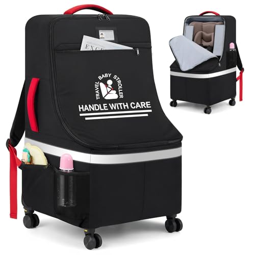 RAINSMORE Padded Car Seat Travel Bag for Airplane with Spinner Wheels - color: Black
