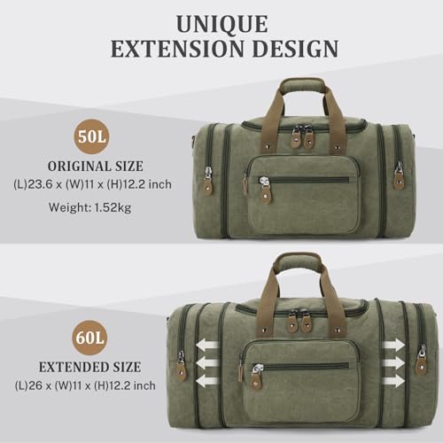 Gonex Canvas Duffle Bag, Expandable 60L Travel Overnight Weekender Bag - color: Army Green, size: X-Large-60L (Without Shoe Compartment)