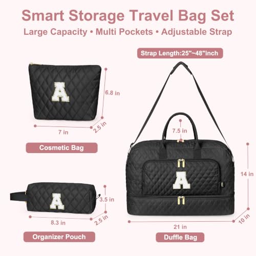 TIBES Birthday Graduation Gift for Her, Initial Weekender Bag for Women 45L - color: Black Diamond Quilted, style: R