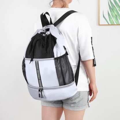 Valleycomfy Drawstring Gym Bag Sports Backpack With Shoe Compartment White - color: White