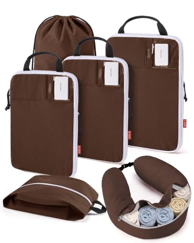 BAGSMART 6 Set Compression Packing Cubes with Fillable Neck Pillow - color: Coffee Brown
