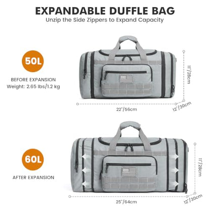 S-ZONE Expandable Travel Duffle Bag, 50L to 60L Tactical Gym Duffel for Men - color: Grey