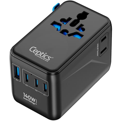 Ceptics Universal Travel Adapter, GAN 140W, 4 USB Ports & 2 Input sockets - color: Black/Blue