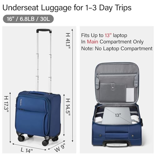 Hanke Underseat Carry On Luggage with Wheels, Small Suitcase, Rolling Bag - color: Blue, size: 16 Inch Underseat