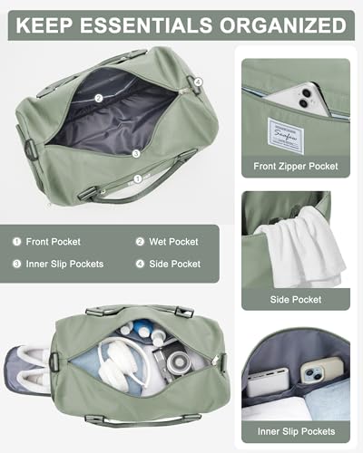 WISEPACK Gym Bag for Womens with Shoes Compartment Travel Duffel Bag - color: B2-Grey Green
