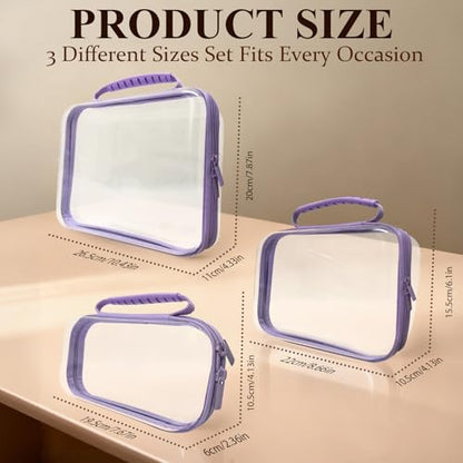 3 PCS Clear Zipper Pouches with Handle, Diaper Bag Organizer, Clear Makeup Bags Hardshell Toy Storage Bins with Zipper Toiletry Pouch Bag for Cosmetics Pencils Puzzles, Building Blocks(Purple) - color: Purple-3pc