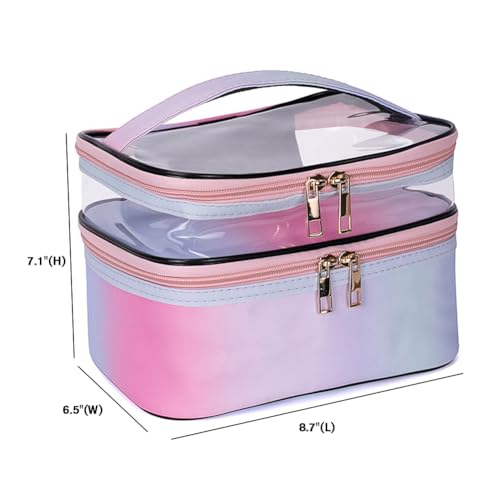FITINI Makeup Bags Double Layer Travel Storage Cosmetic Cases Make up Organizer Toiletry Bags Water-resistant for Women Makeup Brush Bag,Gradient Green - color: Gradient Green