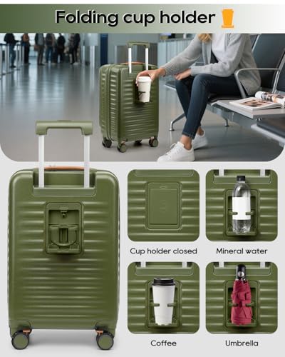 Joyway 20 Inch Carry On Luggage with Front Pocket and Cup Holder, Green - color: Green, size: 20 Inch
