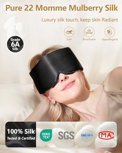 BeeVines Luxury Pure 100% 22 Momme Silk Sleep Mask, 3D Countoured Eye Mask - color: 02 Jet Black