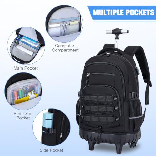 ACESAK 3PCS Camo Rolling Backpack for Boys with Lunch Box Pencil Case - color: Black