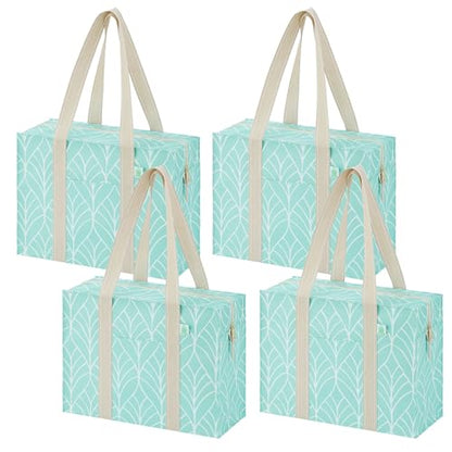 VENO 4 Pack Utility Tote Reusable Grocery Bags with Zipper & Hard Bottom - color: Evergreen, size: 4 Pack